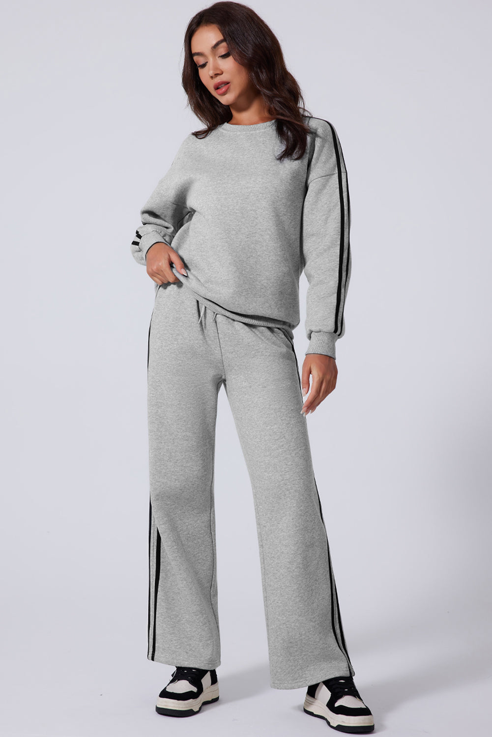 Light Grey Solid Color Side Striped Sweatshirt Active Set