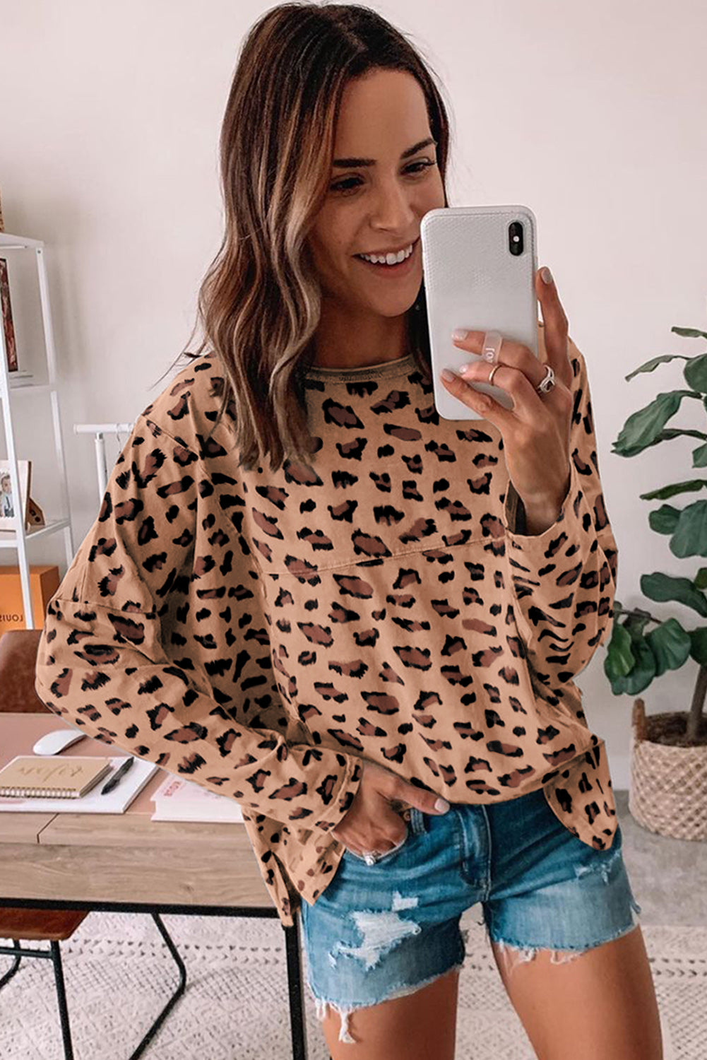 Leopard Animal Print Stitching Loose Long Sleeve Top