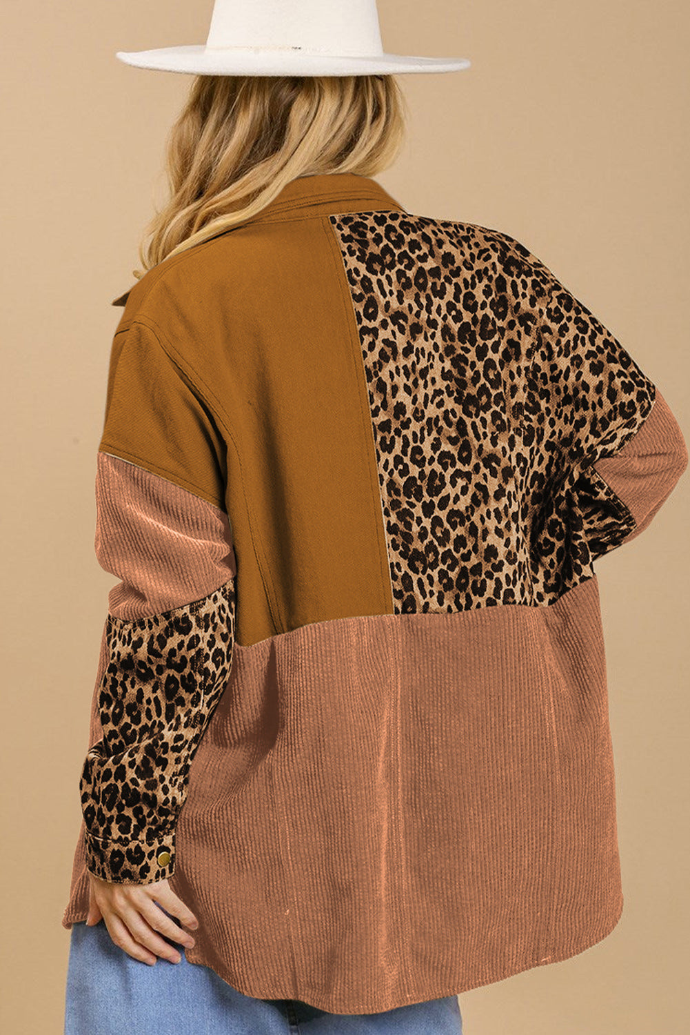 Beige Leopard Patchwork High Low Shirt Jacket