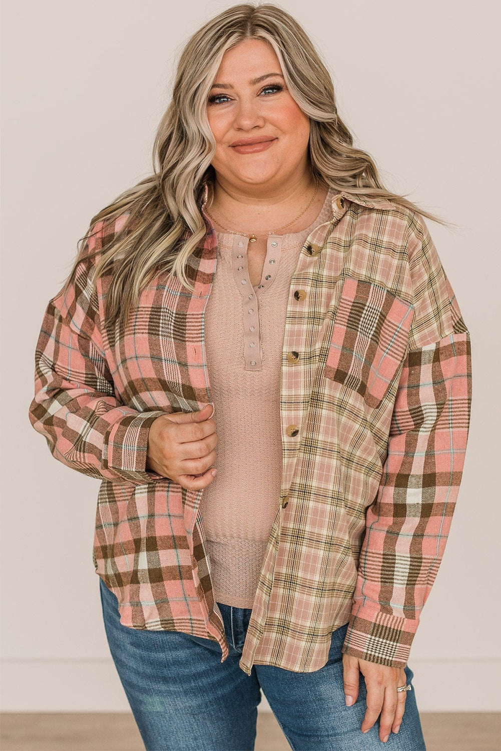 Pink Plus Size Color Block Plaid Long Sleeve Shirt with Pocket