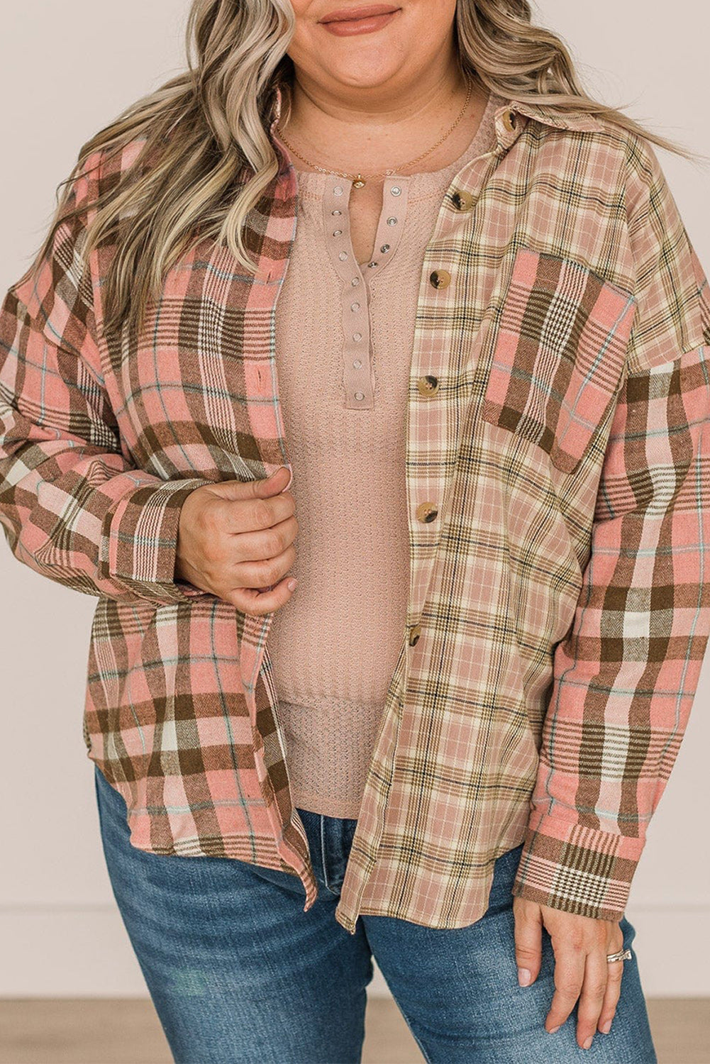 Pink Plus Size Color Block Plaid Long Sleeve Shirt with Pocket