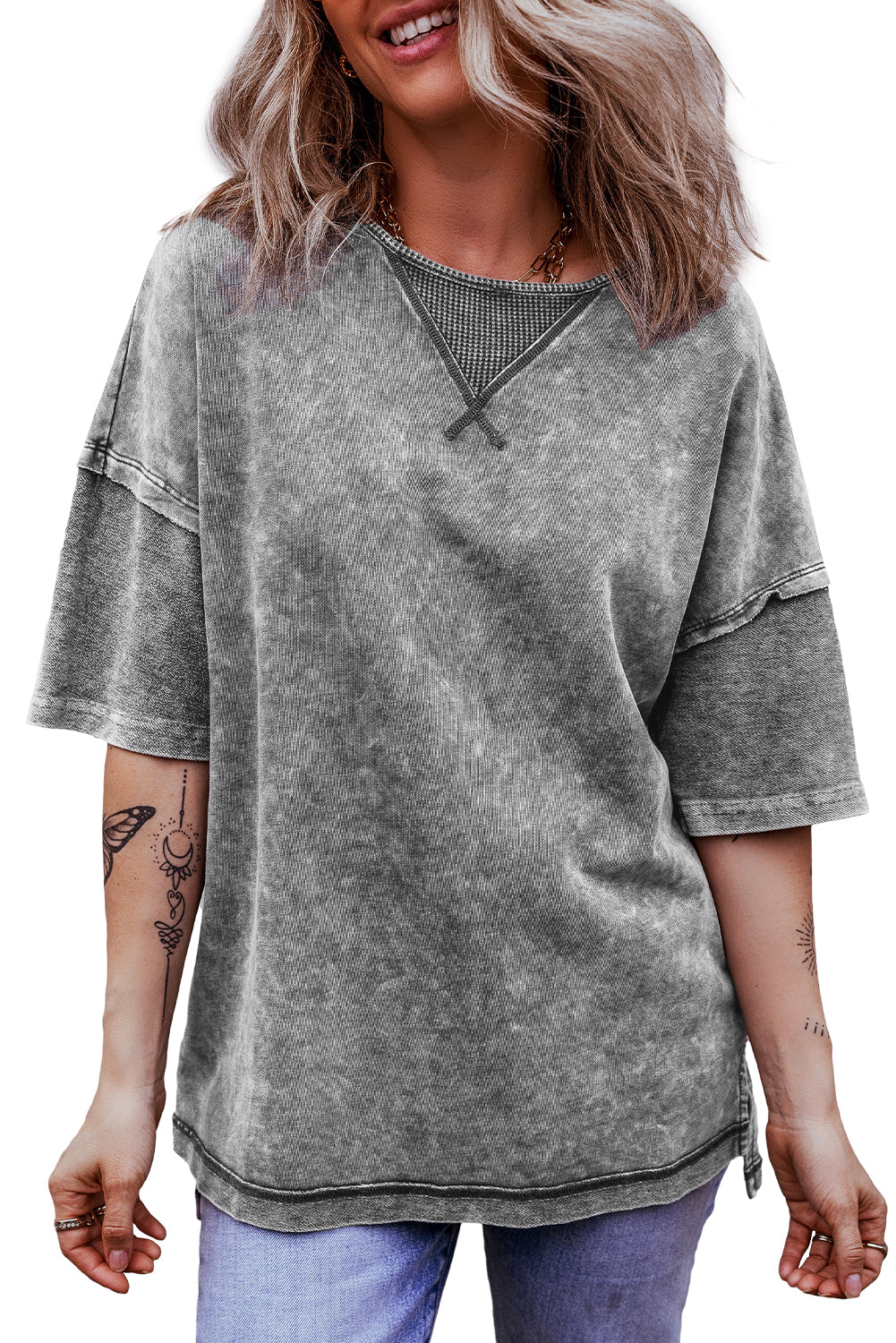 Orchid Petal Mineral Wash Exposed Seam Drop Shoulder Oversized Tee