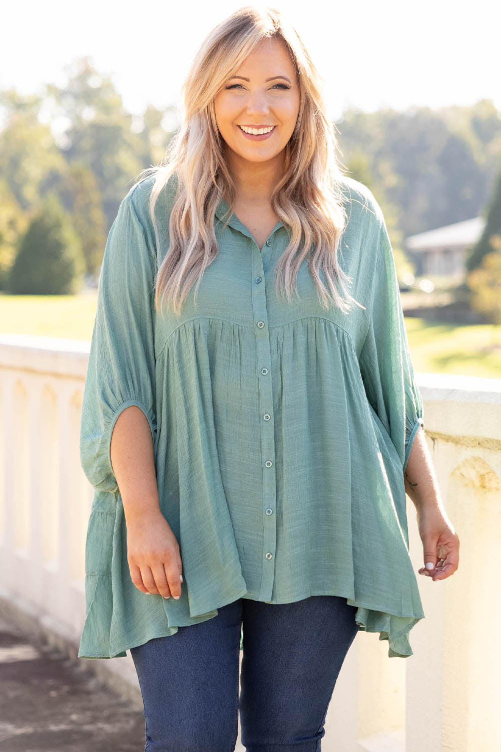 Green 3/4 Sleeve Plus Size Tunic Top