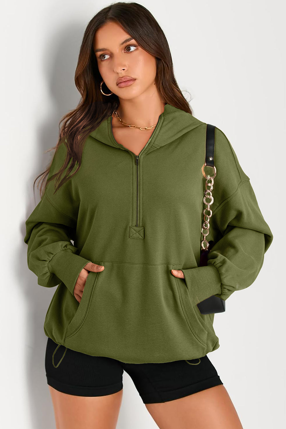 Smoke Green Solid Kangaroo Pocket Half Zipper Oversized Hoodie