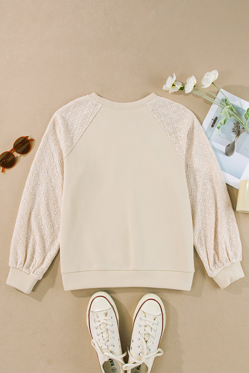 Parchment Eyelet Knit Patchwork Raglan Sleeve Pullover Top