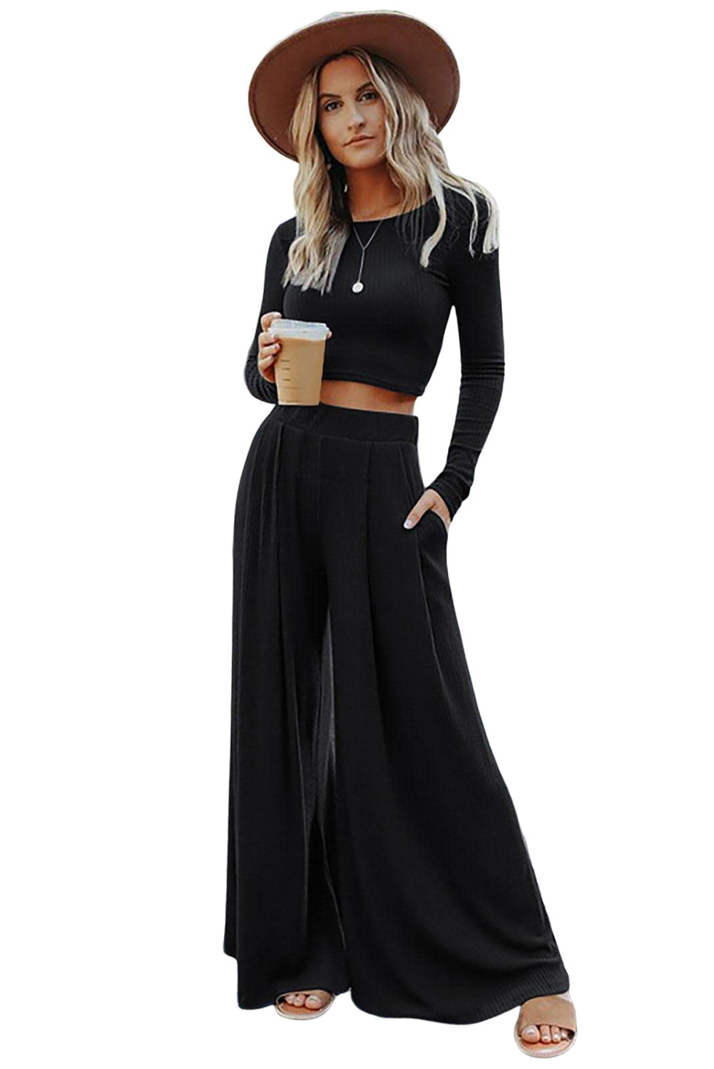 Gray Solid Color Ribbed Crop Top Long Pants Set