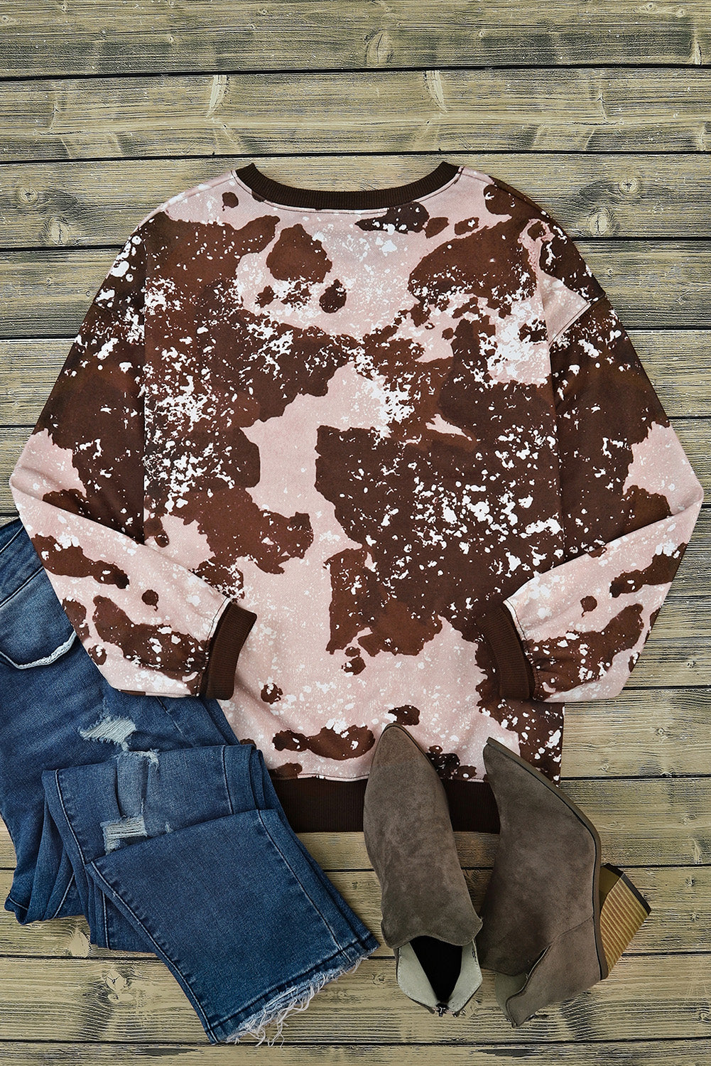 Brown Bleached Tie Dye Leopard Print Long Sleeve Top