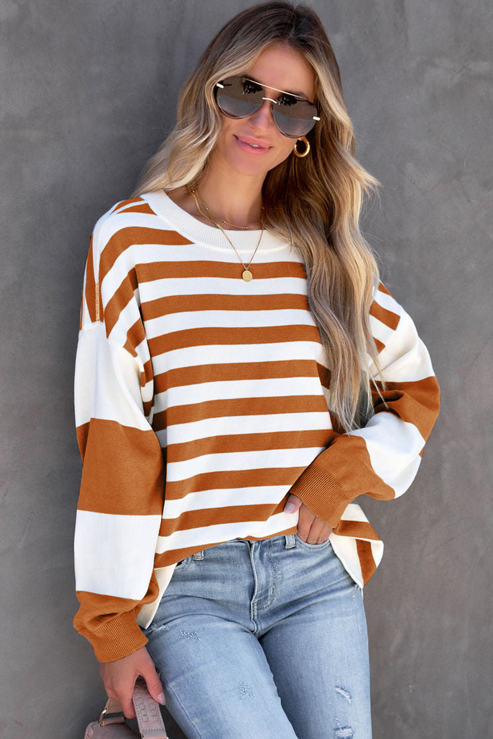 Black Stripe Drop Shoulder Striped Pullover Sweatshirt