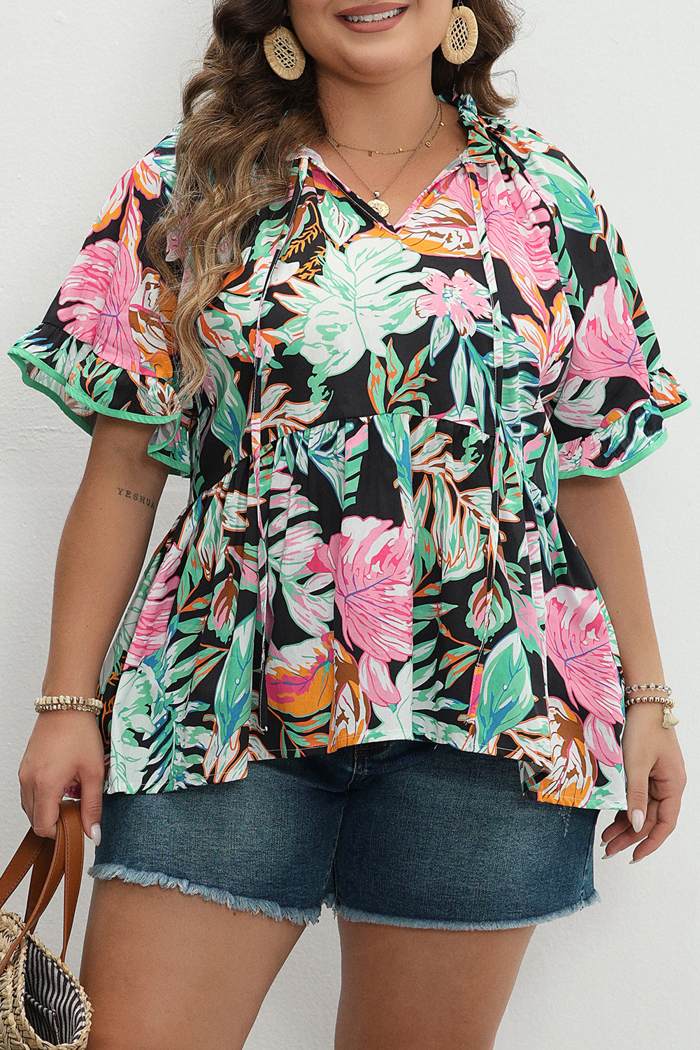 Black Plus Tropical Print Ruffled Sleeve Flowy Blouse