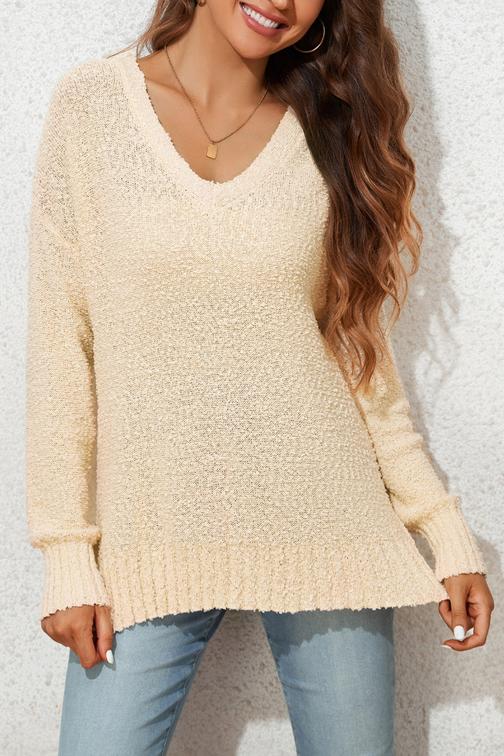 Beige Solid Fuzzy V-Neck Sweater