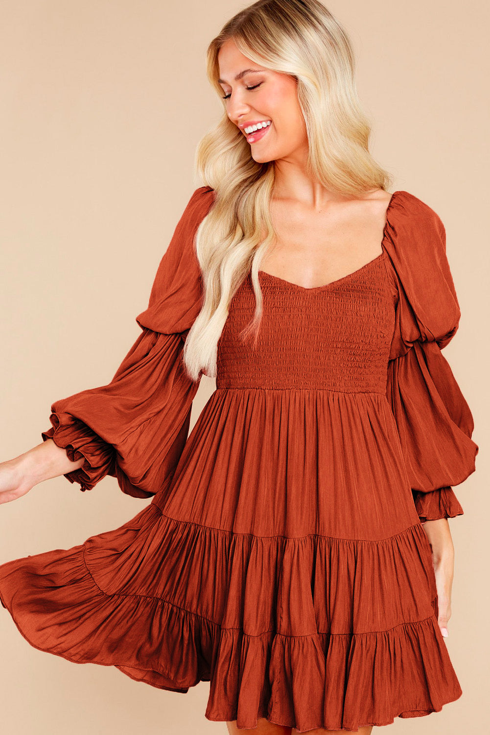 Brown Boho Solid Shirred Ruffle Mini Dress