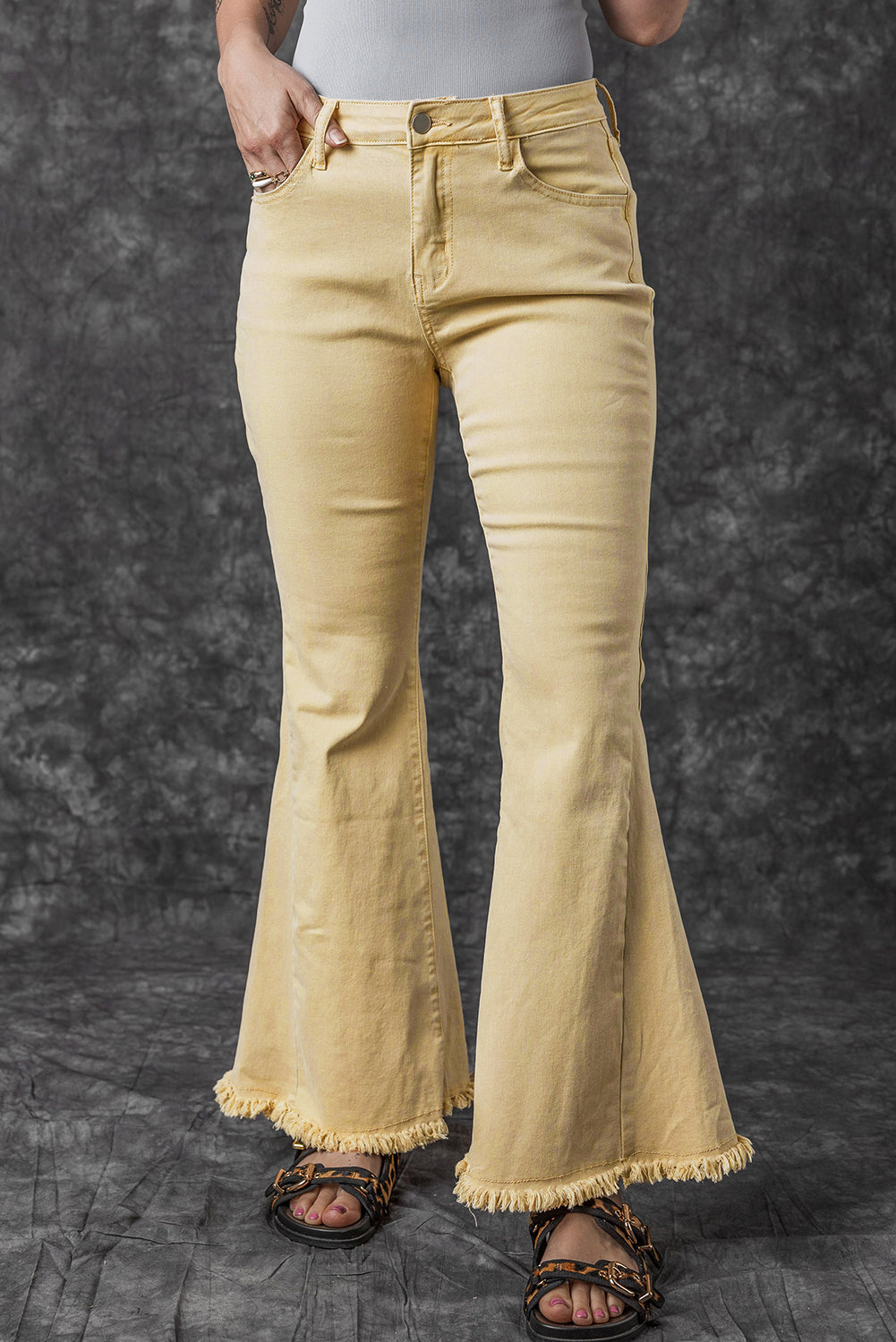 Khaki Raw Edge Mid Waist Flared Jeans