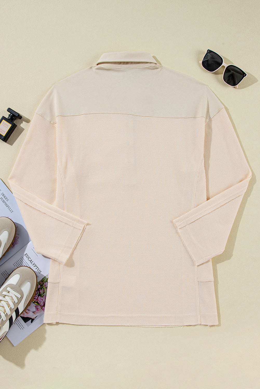 Pink Waffle Long Sleeve Collar Half Button Loose Top