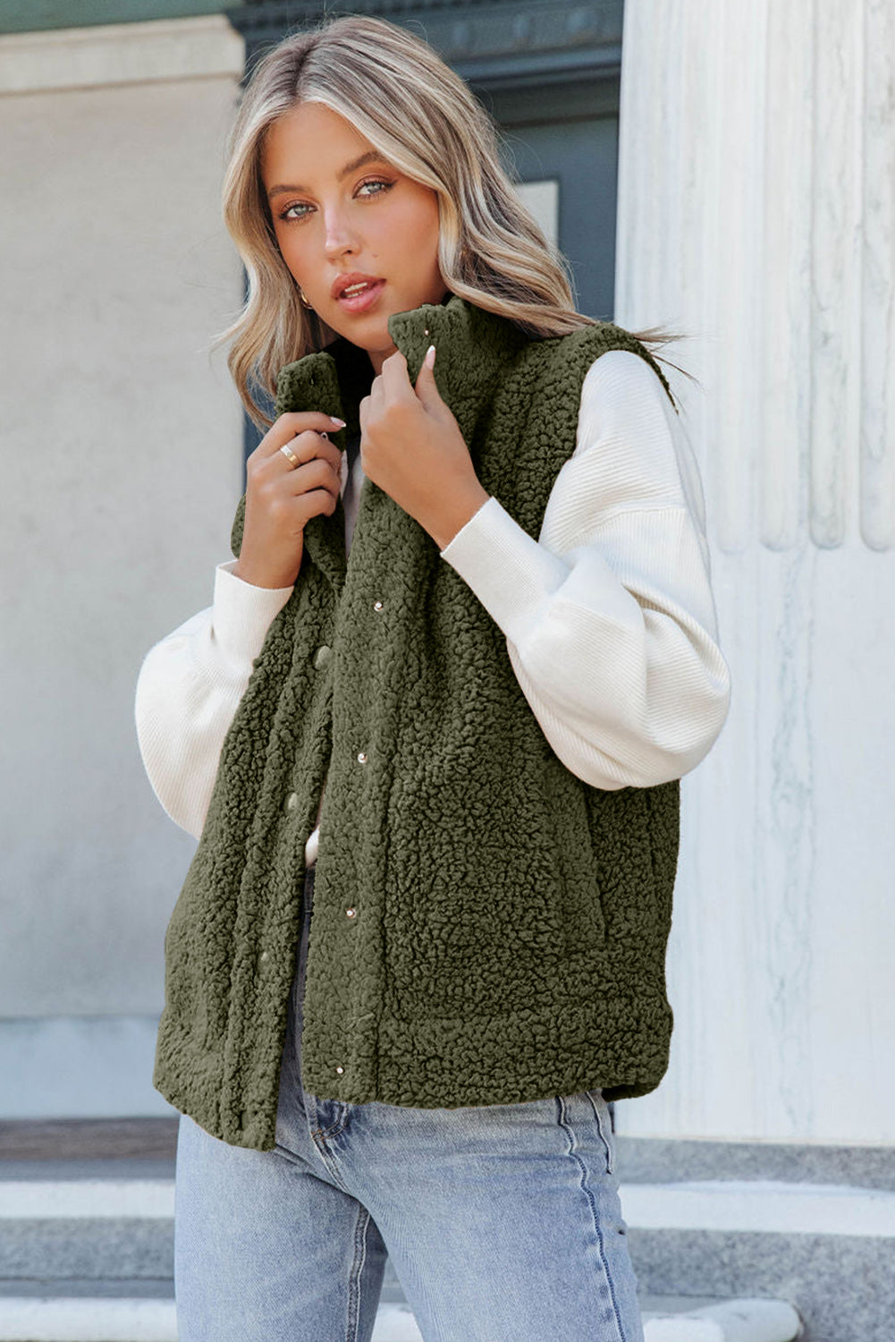 Khaki Snap Button Pocketed Sherpa Vest Jacket