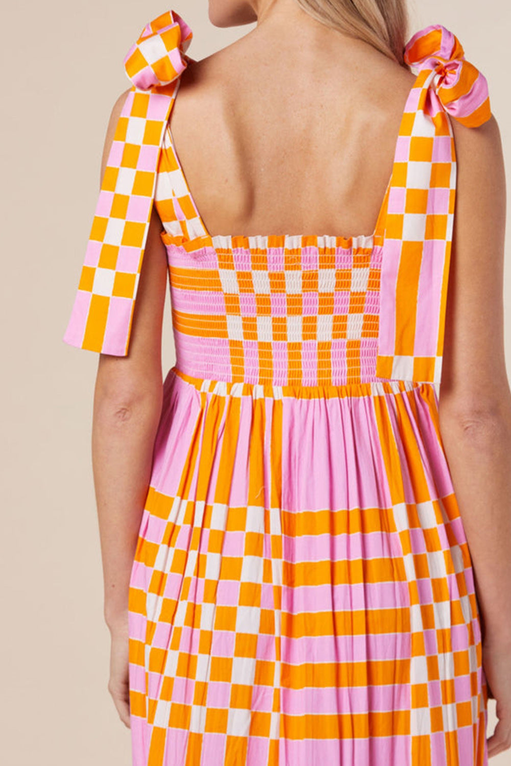 Boho Gingham Tied Straps Smocked Maxi Dress