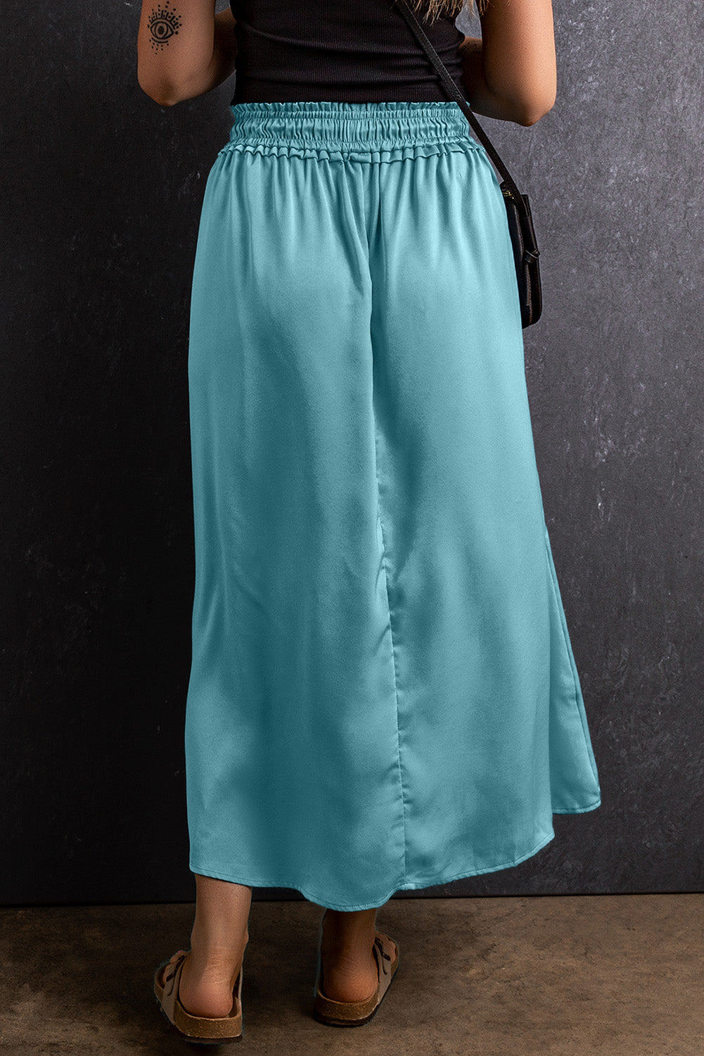 Peacock Blue Drawstring Split Side Flowy Long Skirt