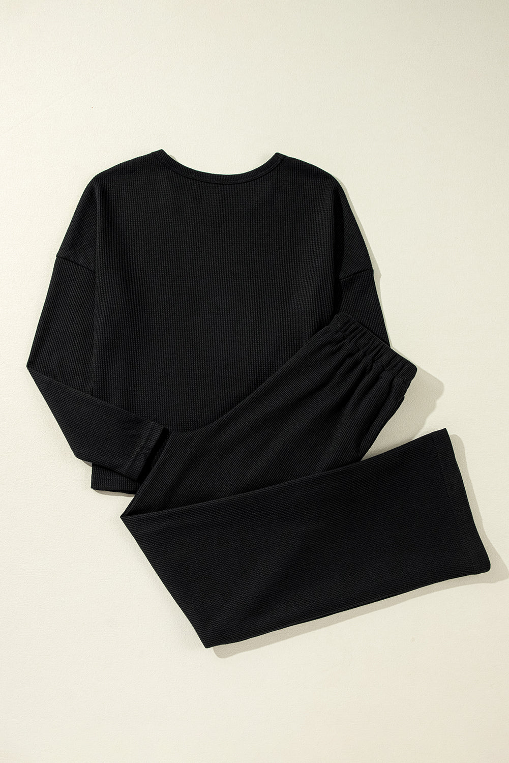 Black Textured Long Sleeve T Shirt and Pants Lounge Set