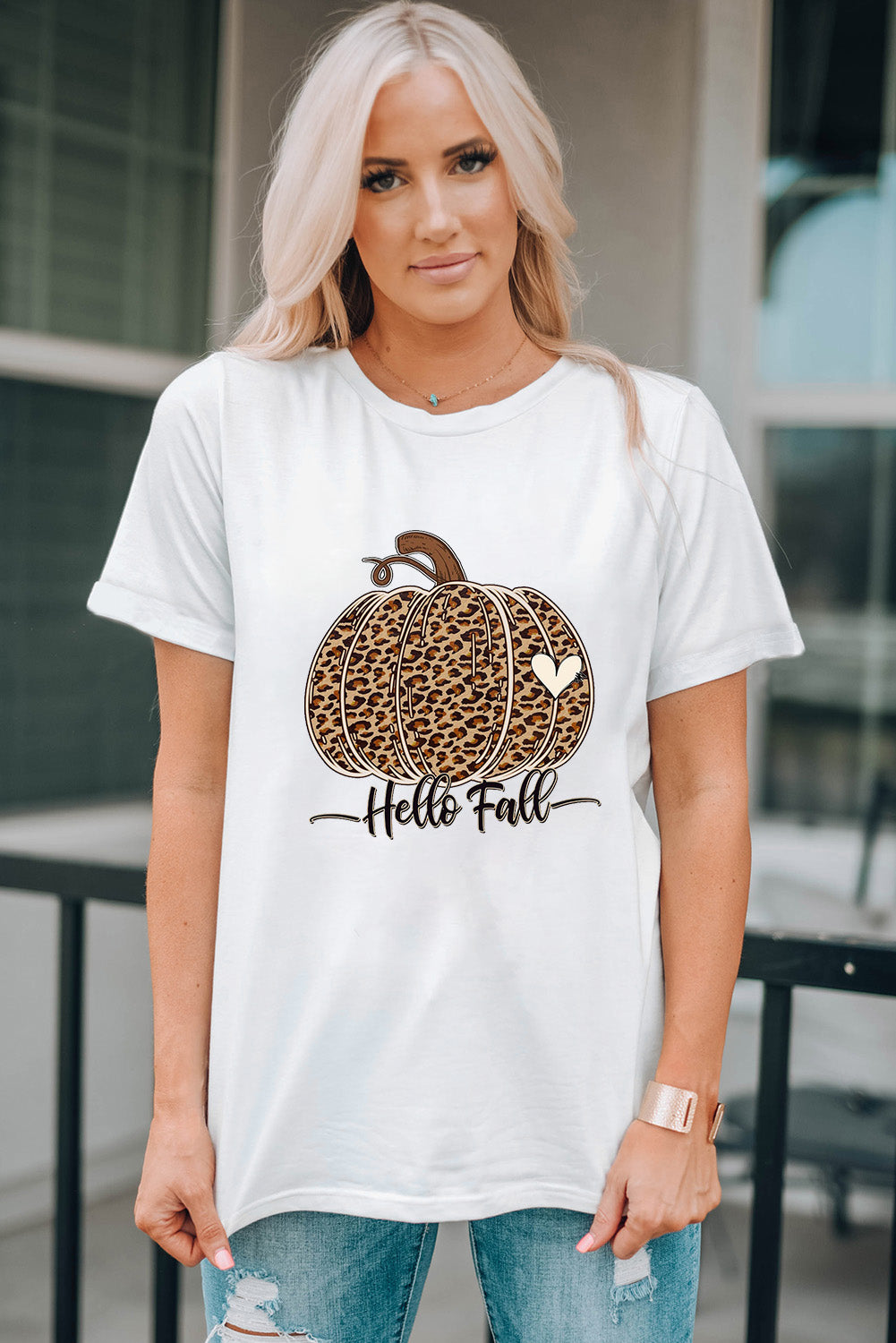 White Hello Fall Leopard Pumpkin Graphic T Shirt