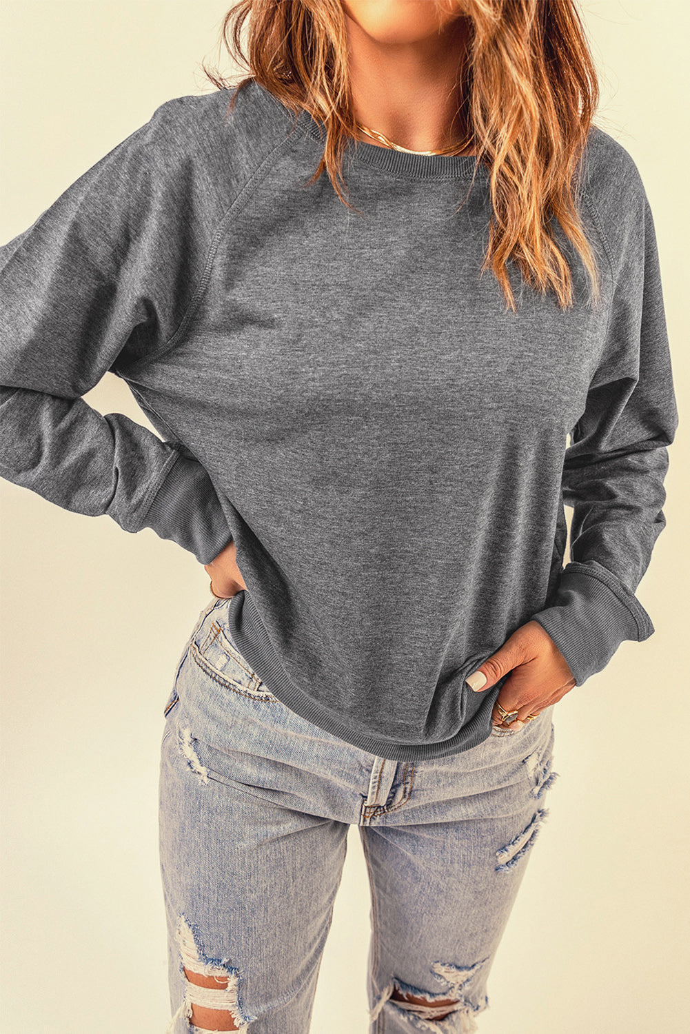 Gray French Terry Cotton Blend Pullover Sweatshirt