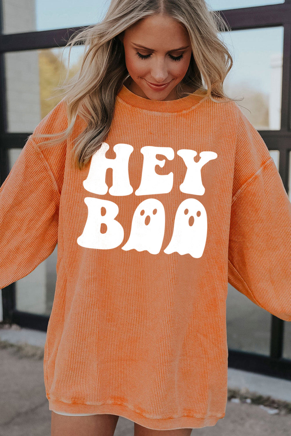 Orange Halloween Hey Boo Ghost Print Ribbed Loose Sweatshirt