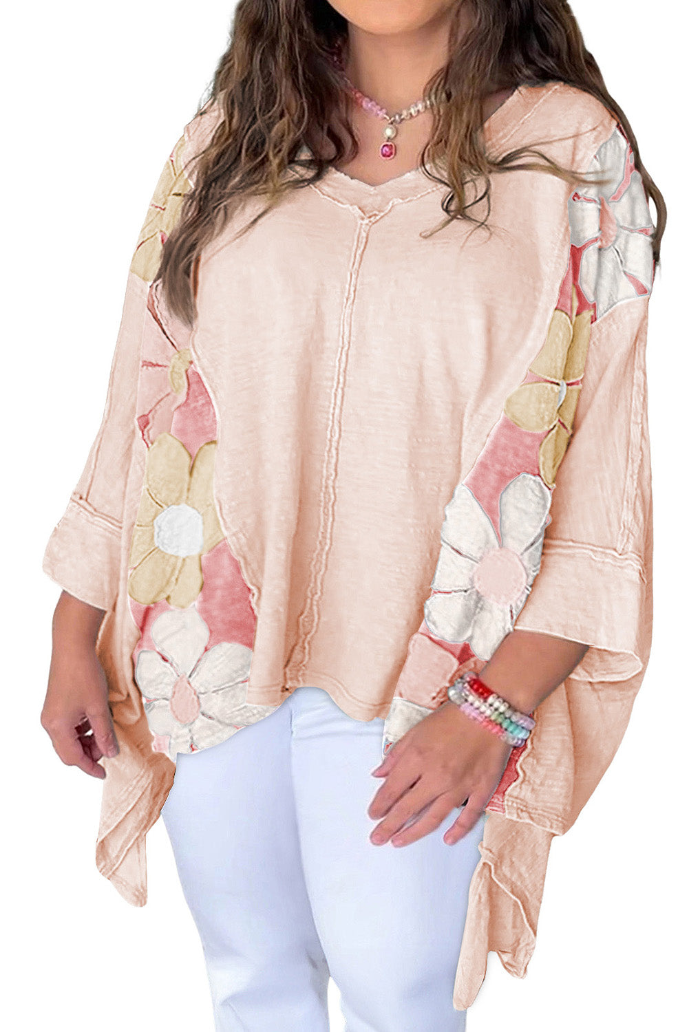 Apricot Pink Plus Size Flower Patchwork High Low Top