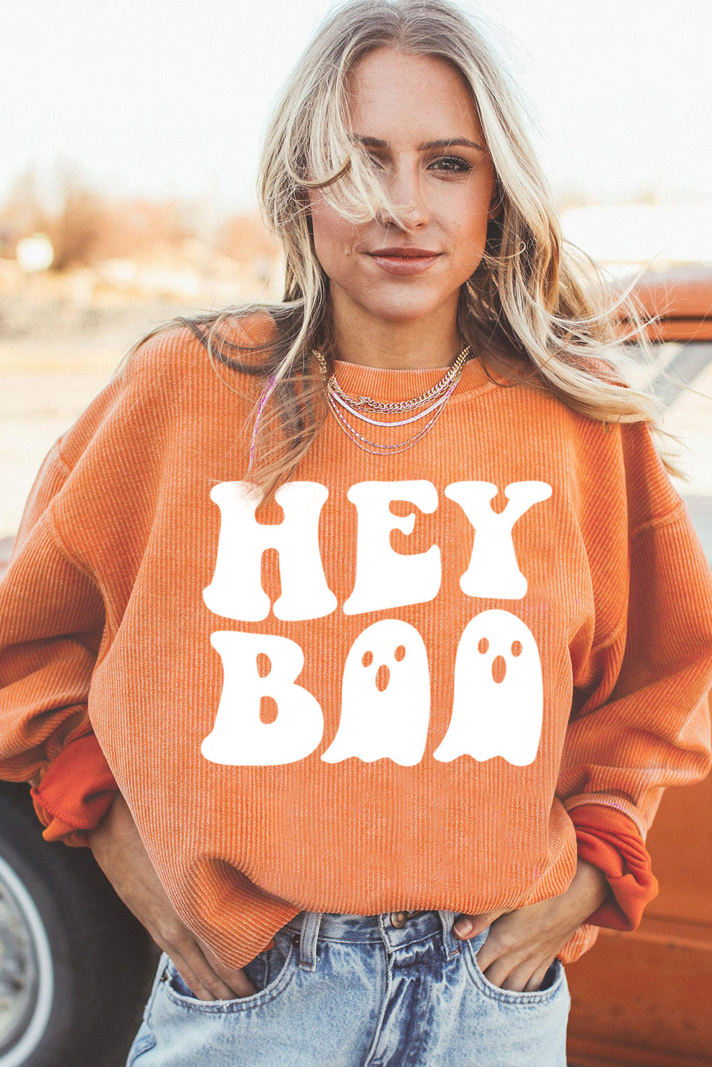 Orange Halloween Hey Boo Ghost Print Ribbed Loose Sweatshirt