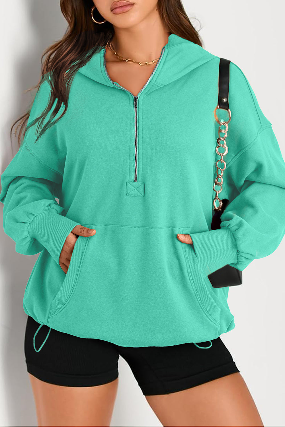 Smoke Green Solid Kangaroo Pocket Half Zipper Oversized Hoodie