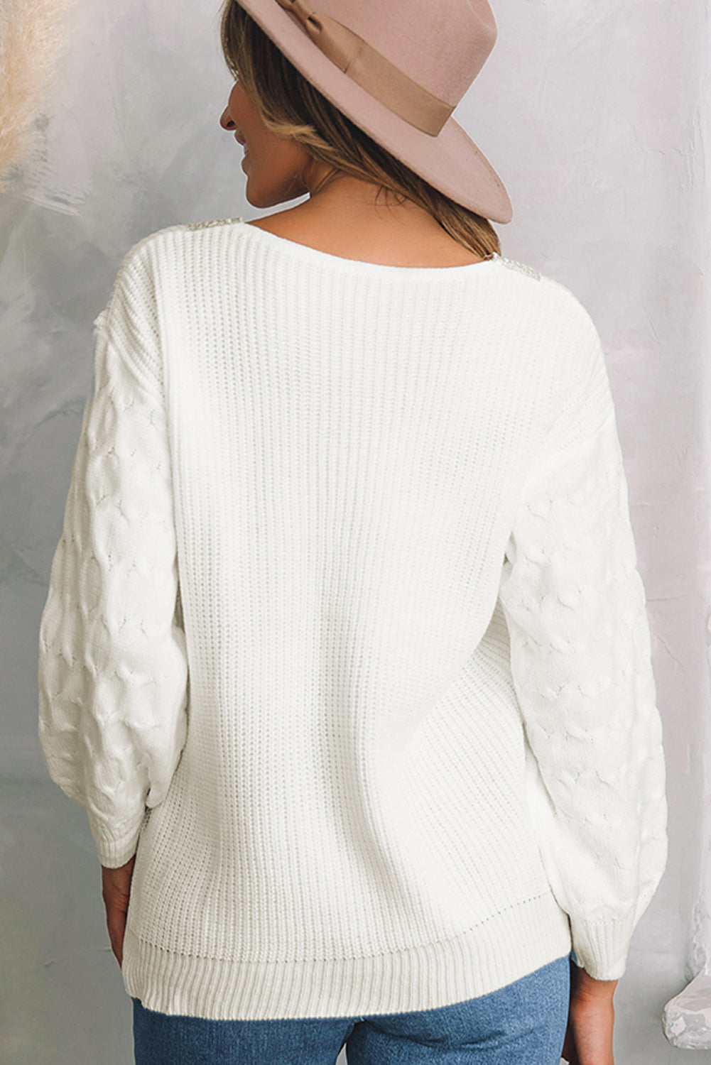 White Cable Puff Sleeve Lace V Neck Sweater