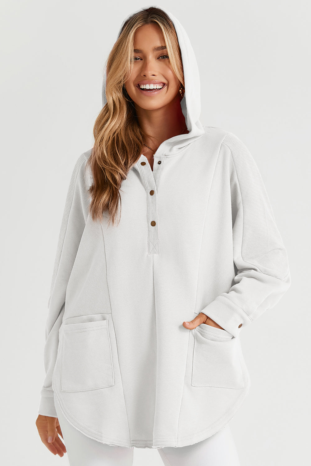 White Patchwork Side Pockets Oversized Henley Hoodie