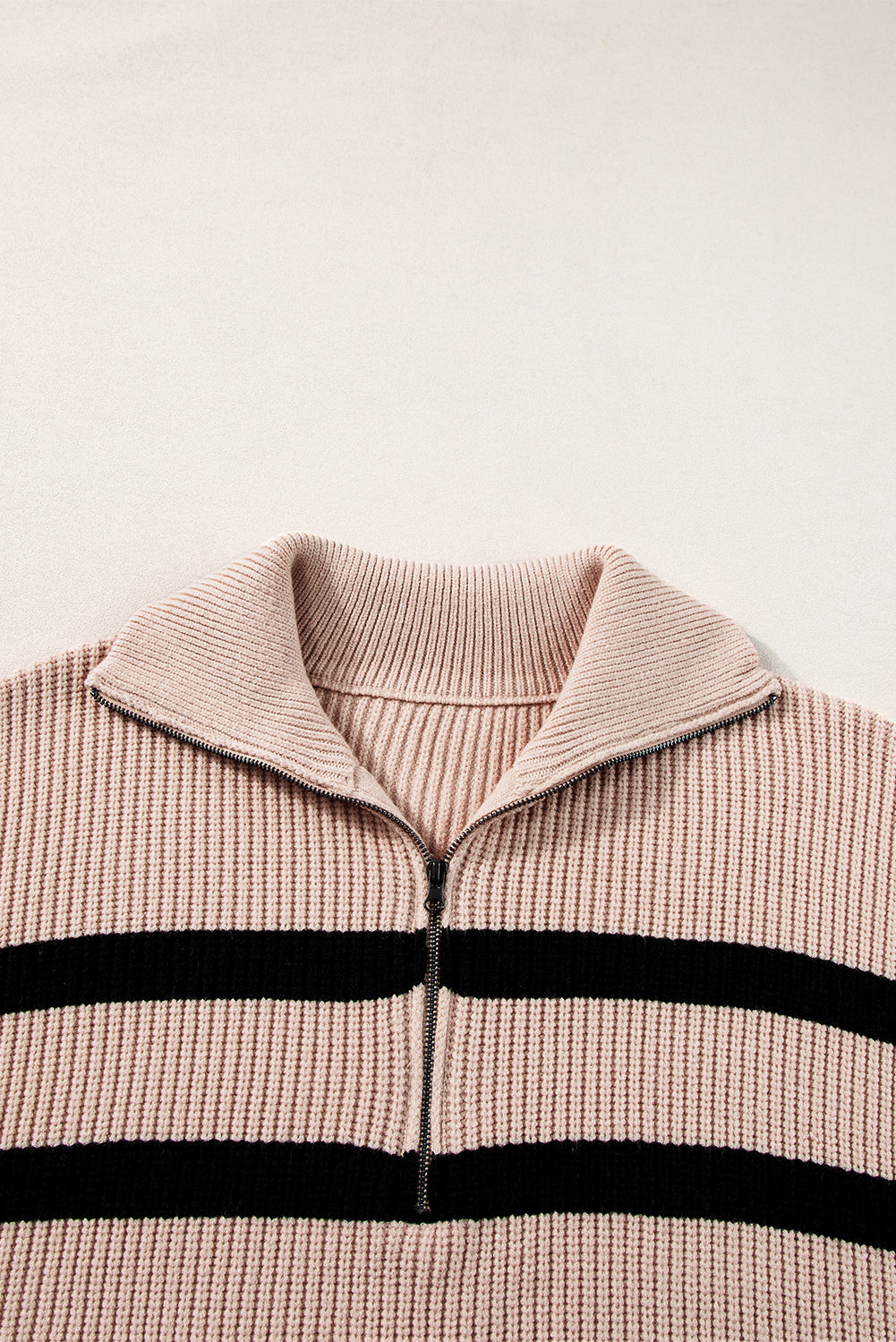 Khaki Stripe Zipped Collar Short Sleeve Sweater