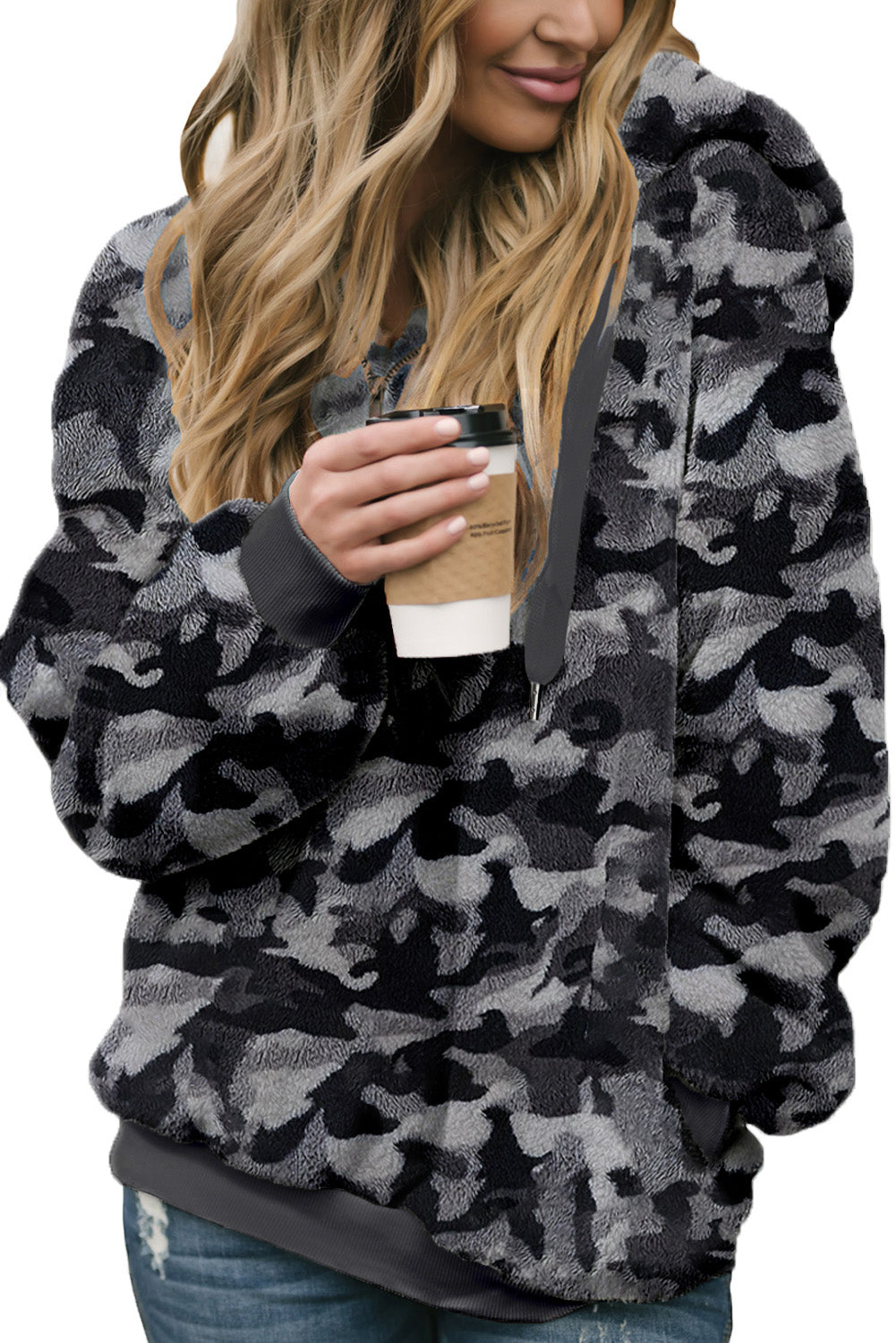 Gray Camo Print Warm Furry Pullover Hoodie