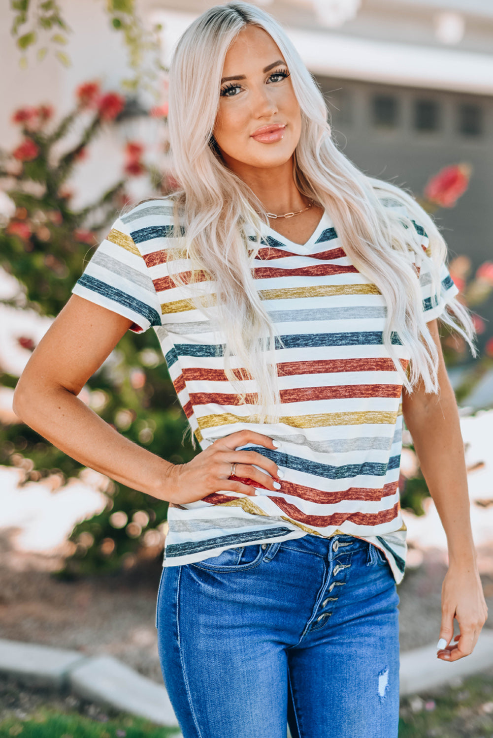 Multicolor Stripes V Neck T-shirt