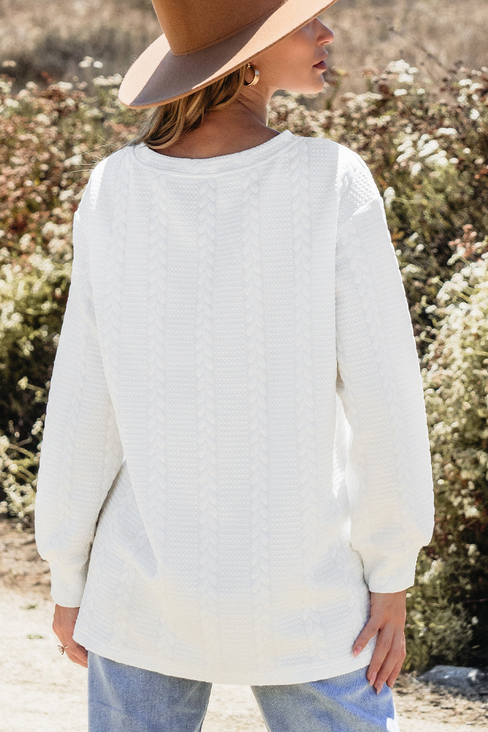 White Cable Textured Long Sleeve Round Neck Top