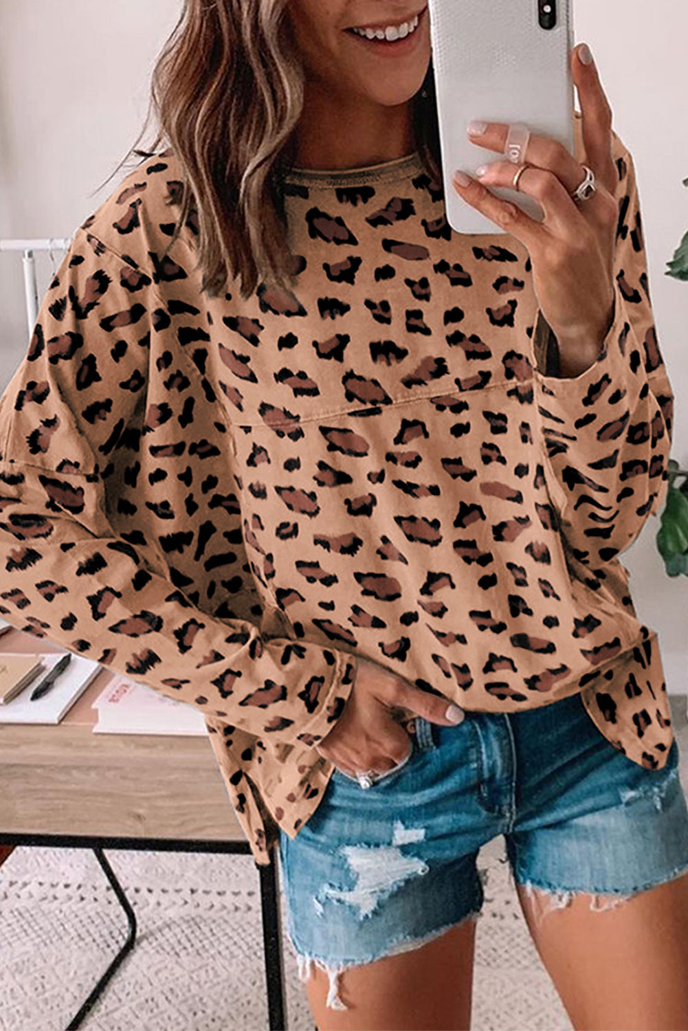 Leopard Animal Print Stitching Loose Long Sleeve Top