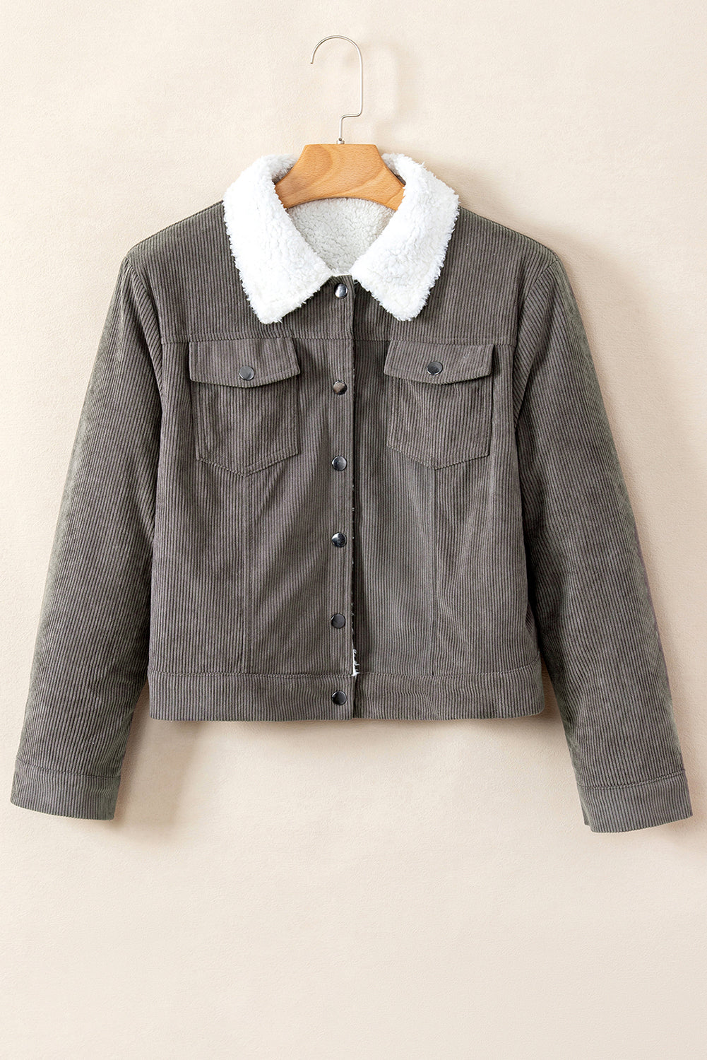 Khaki Corduroy Sherpa Snap Button Flap Jacket