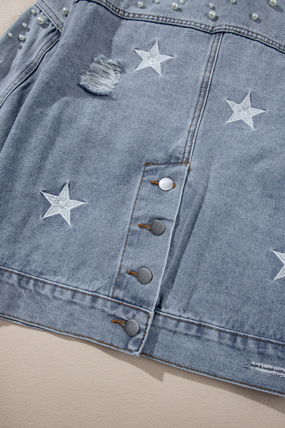 Sky Blue Distressed Pearls Star Cropped Denim Jacket