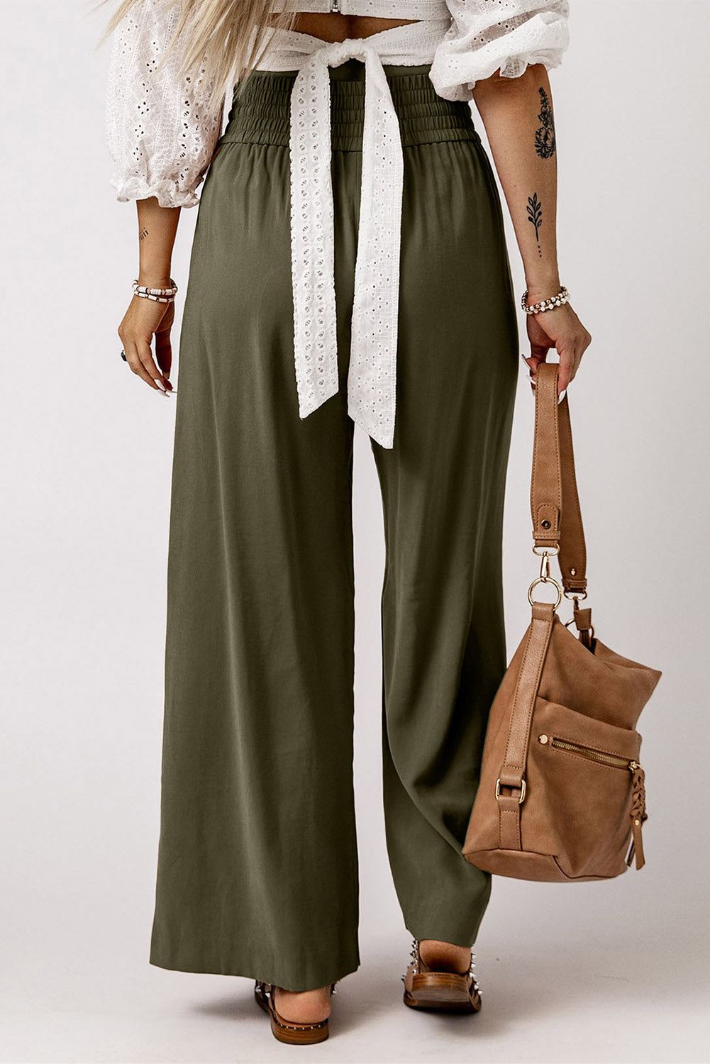 Green Brown Drawstring Elastic Waist Casual Wide Leg Pants