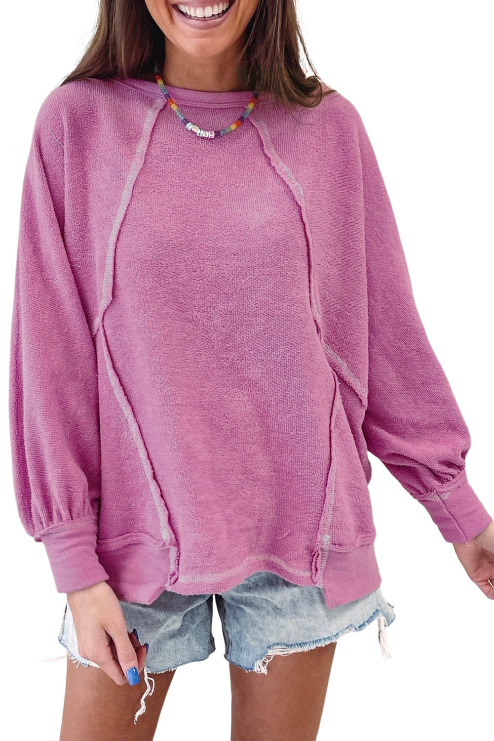 Pink Exposed Seam Round Neck Terry Pullover