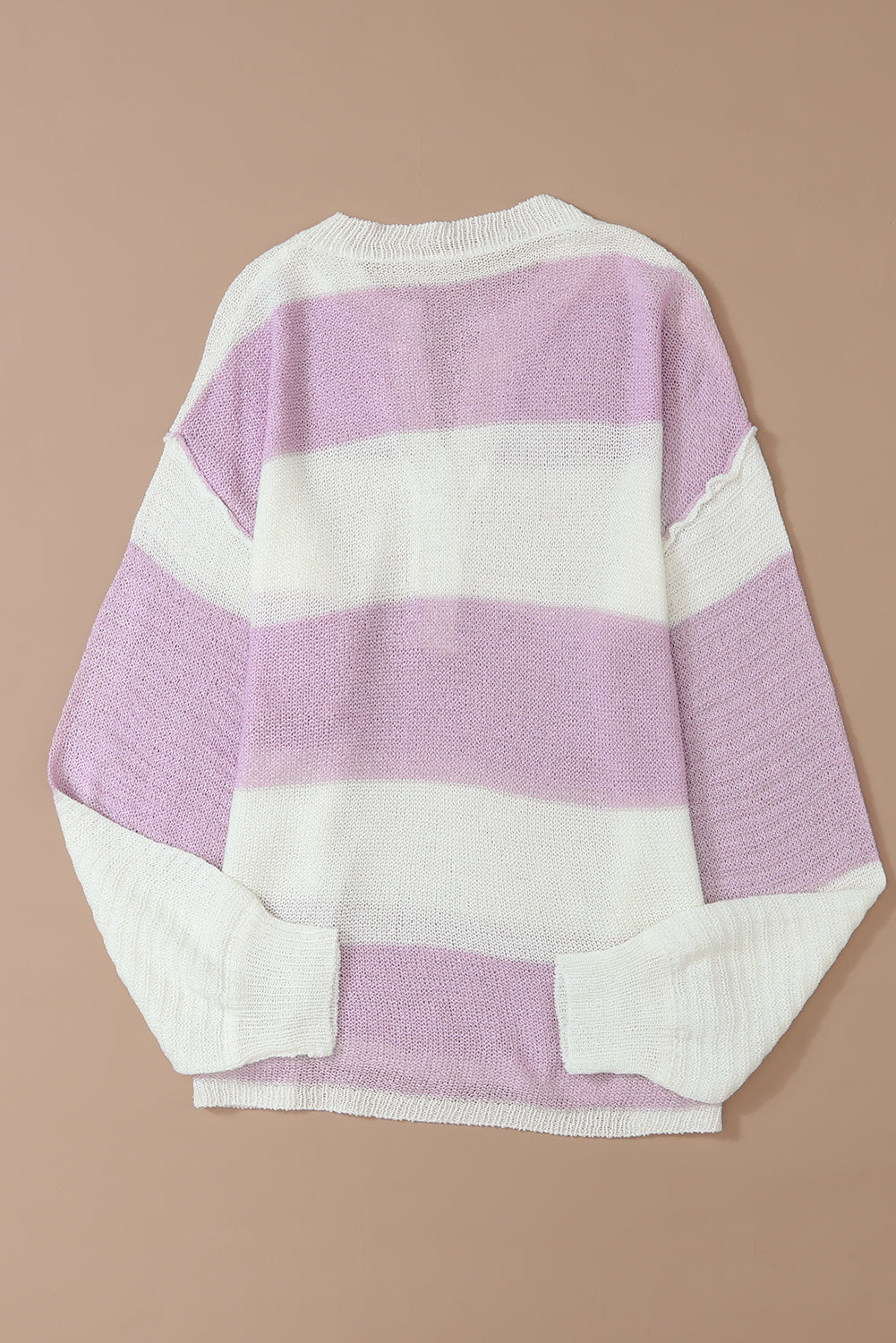 Pink Striped Knit Button Ribbed Split Neck Sweater