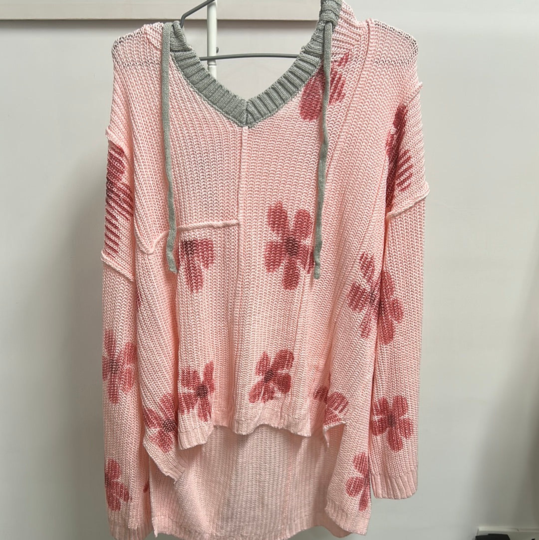 Floral Print Lightweight Knit Hooded Sweater