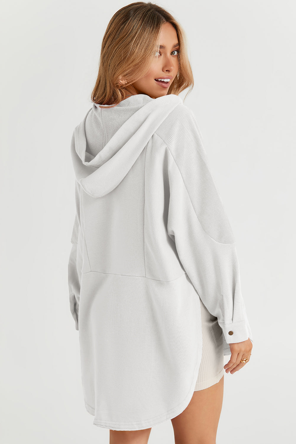 White Patchwork Side Pockets Oversized Henley Hoodie