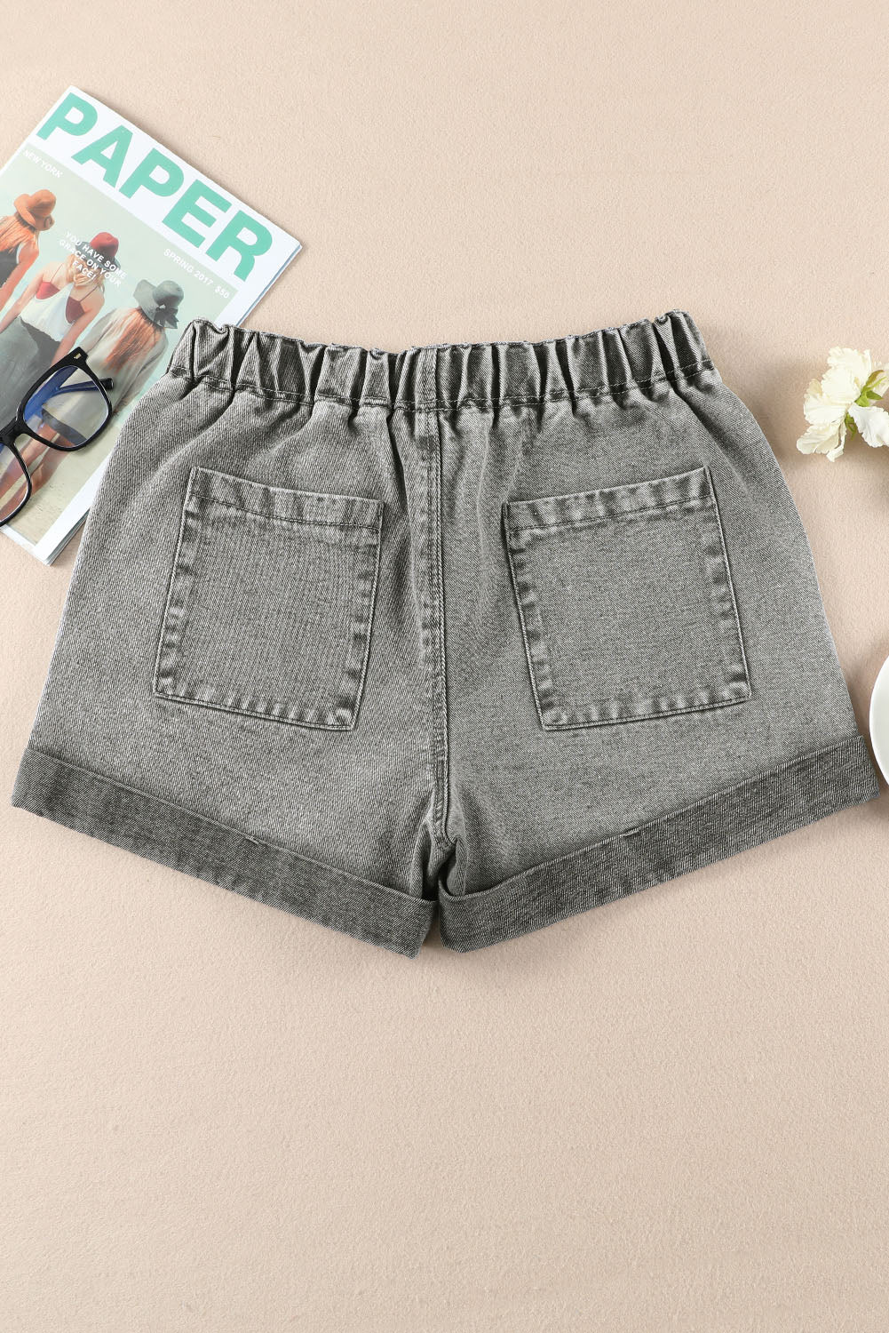 Black Pocketed Drawstring High Waist Denim Shorts