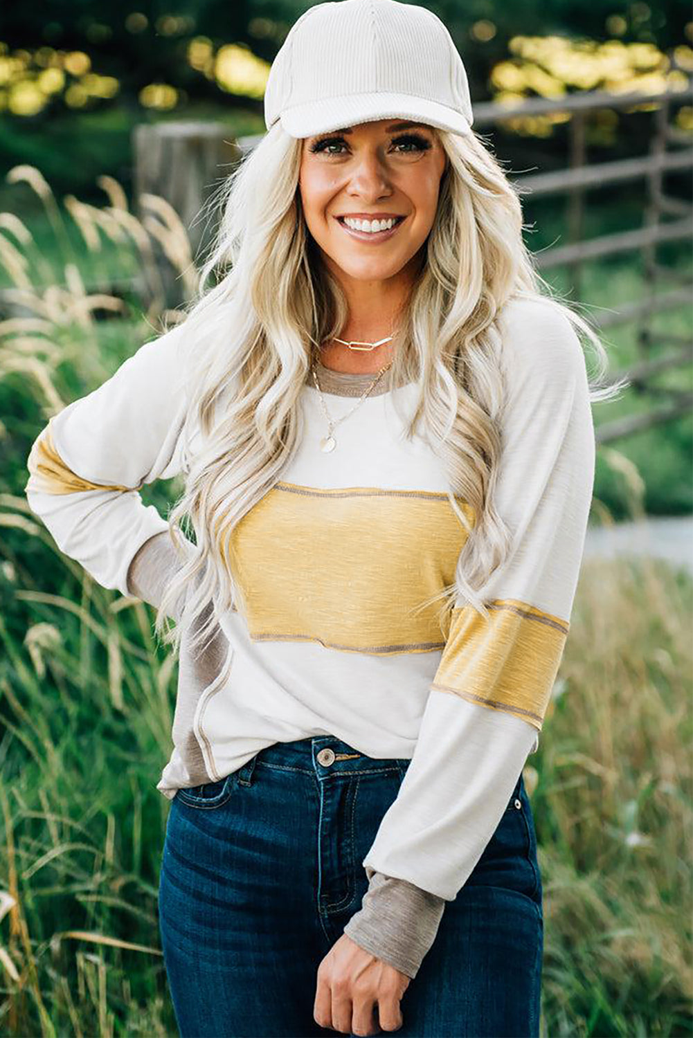 White Color Block Exposed Seam Raglan Sleeve Top