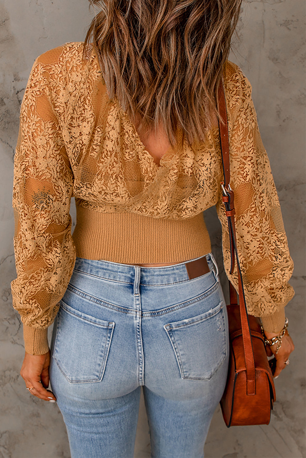 Brown V-Neck Lace Sleeve Pullover Sweater