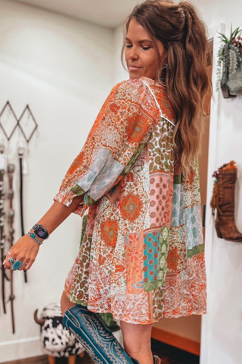 Boho Paisley Print 3/4 Sleeve Chiffon Dress