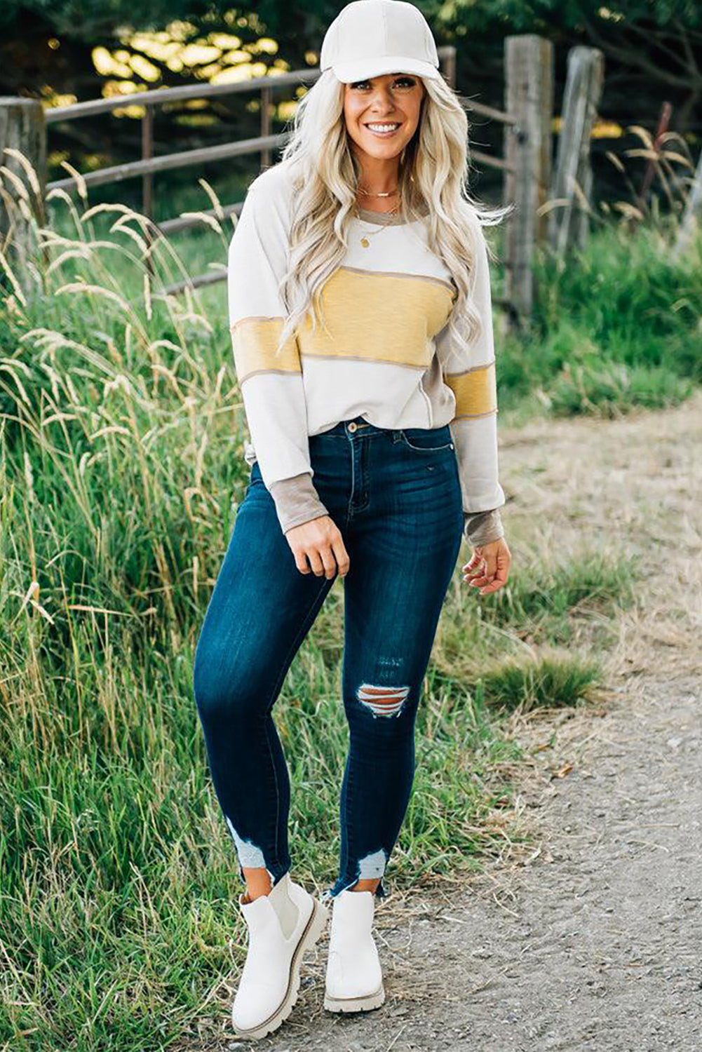 White Color Block Exposed Seam Raglan Sleeve Top