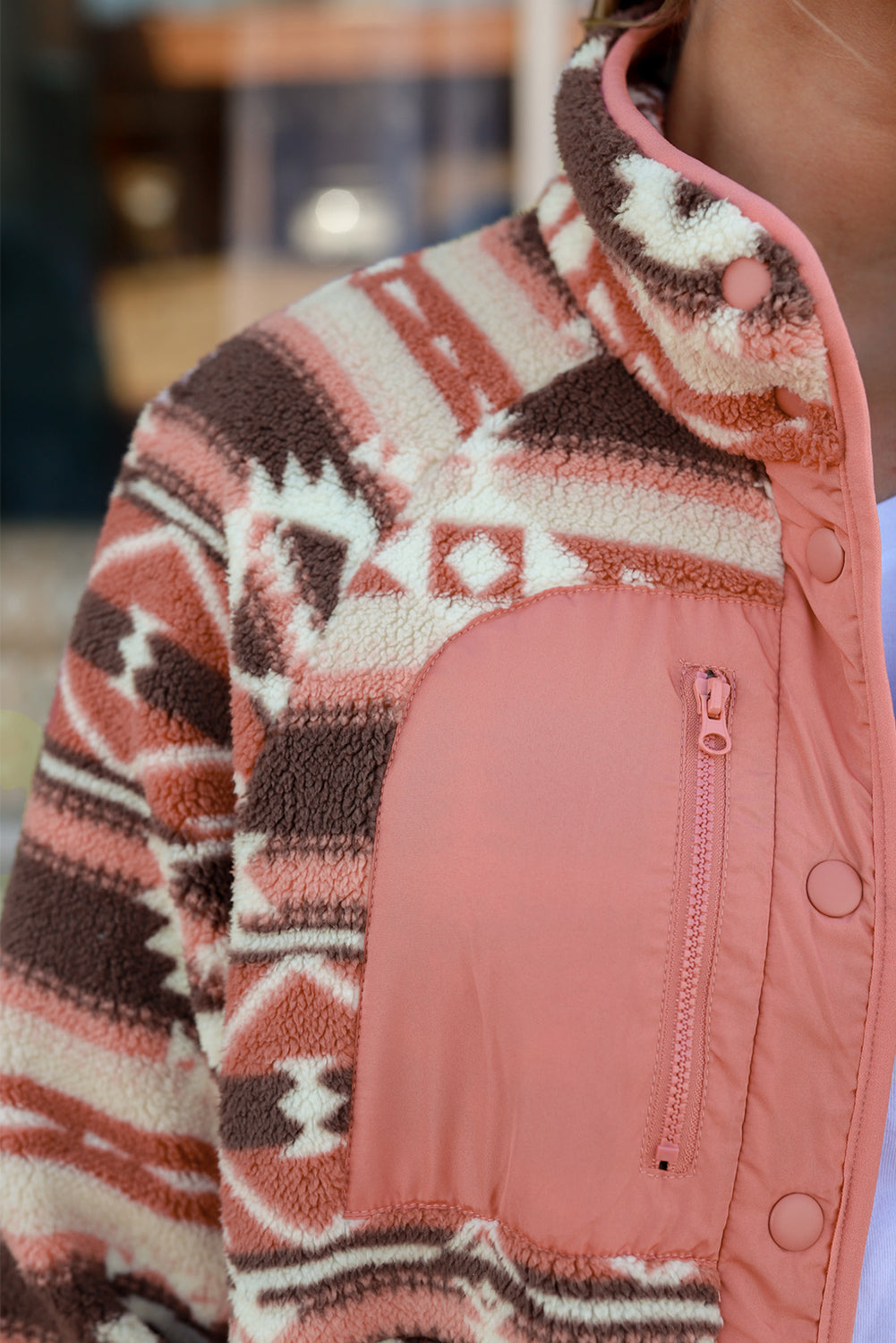 Khaki Western Colorblock Snap Buttoned Sherpa Jacket