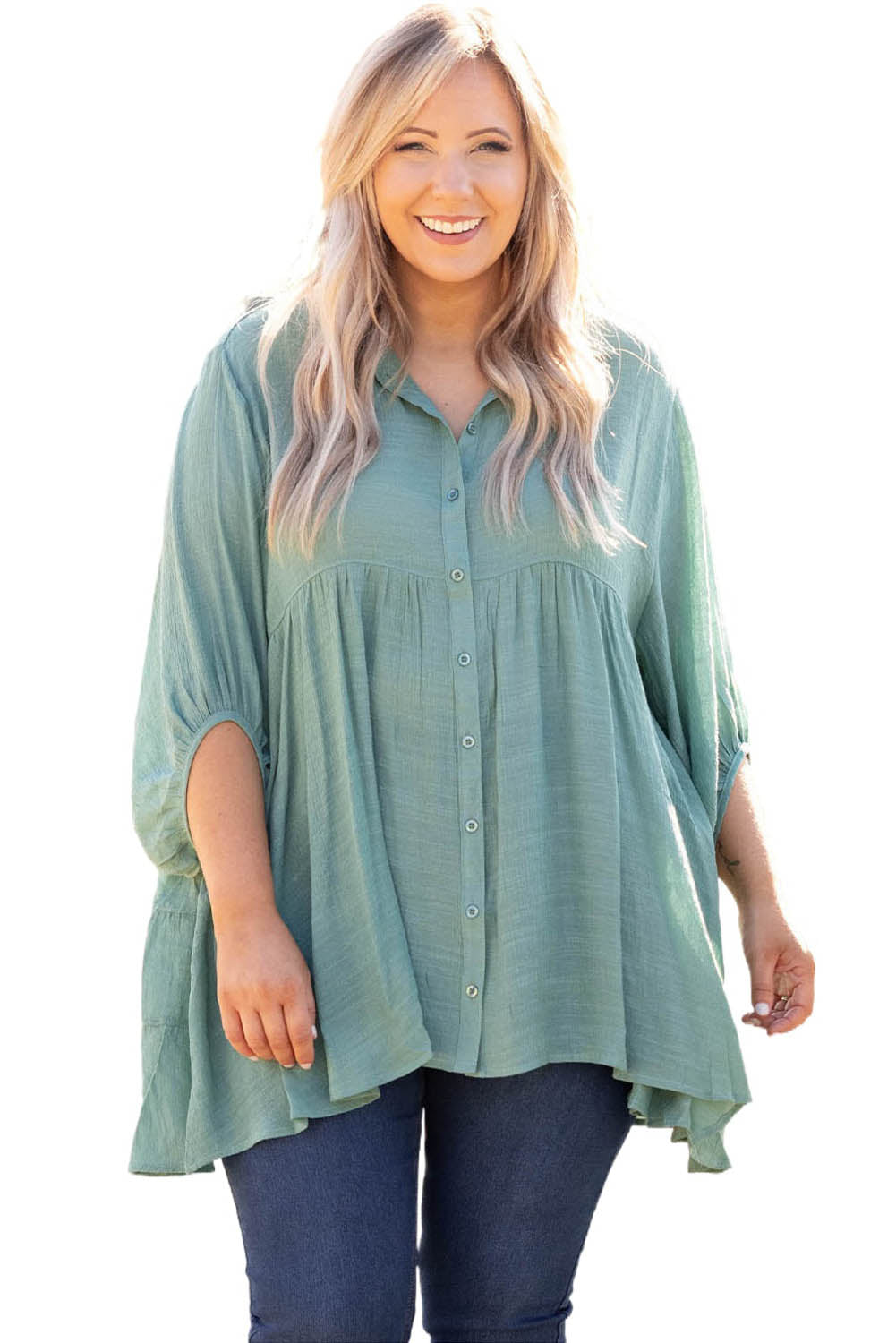 Green 3/4 Sleeve Plus Size Tunic Top