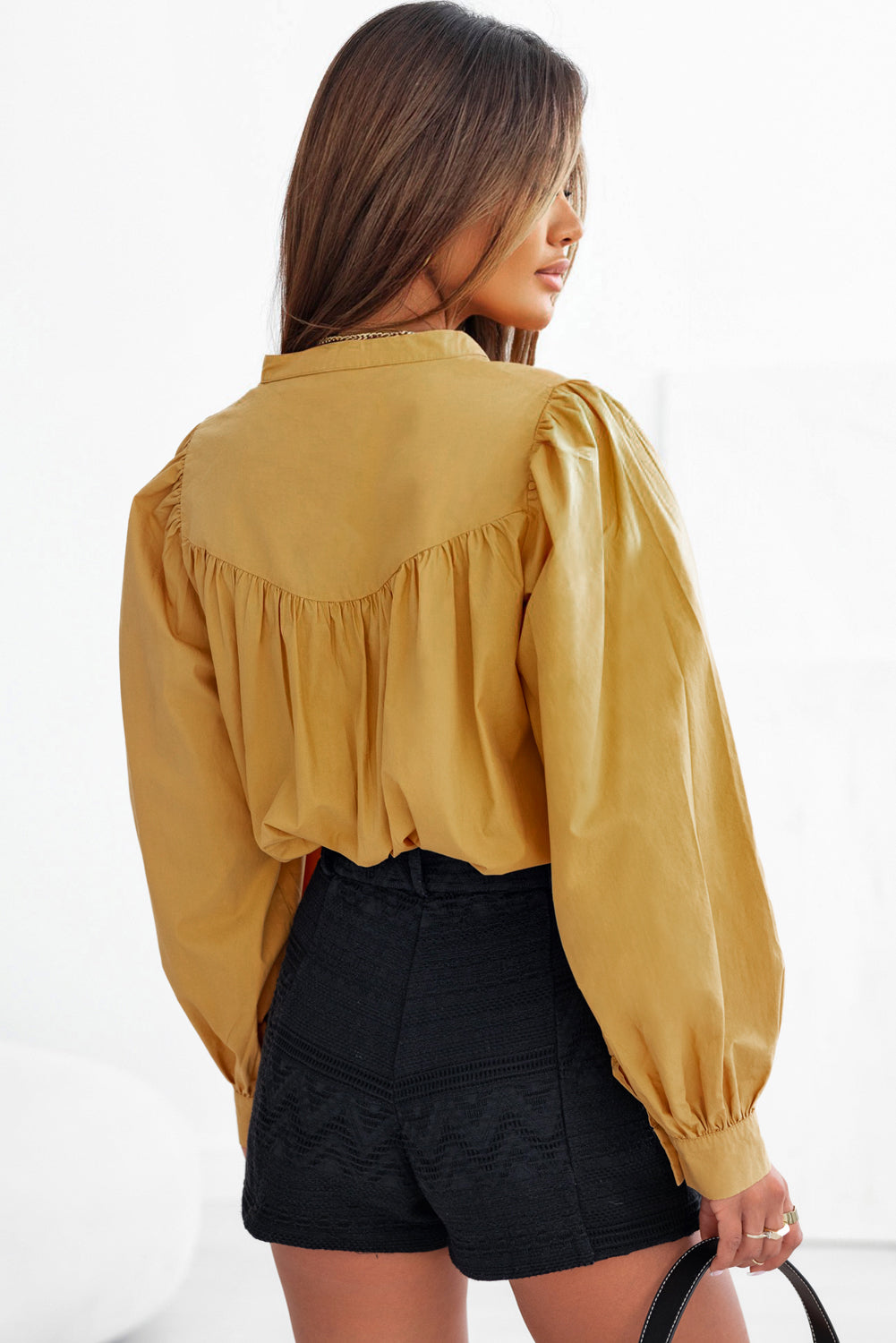 Yellow Puff Sleeve Pleated Loose Shirt