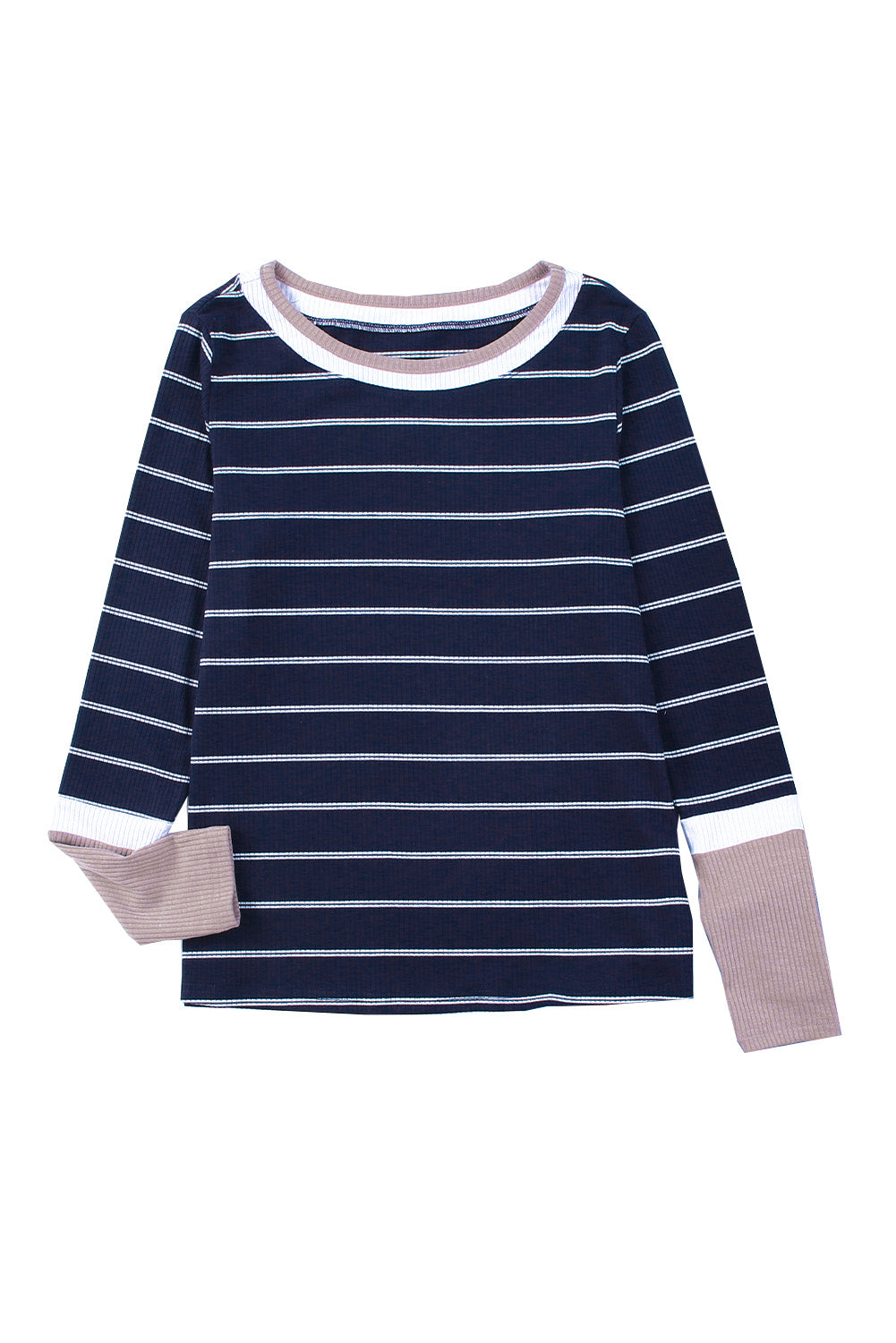 Brown Extend Color Block Cuffs Rib Knit Striped Pullover